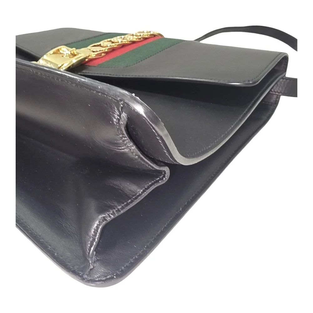 Gucci Sylvie 1969 leather handbag Maxi Size Black Striped Red Green Gold Chain